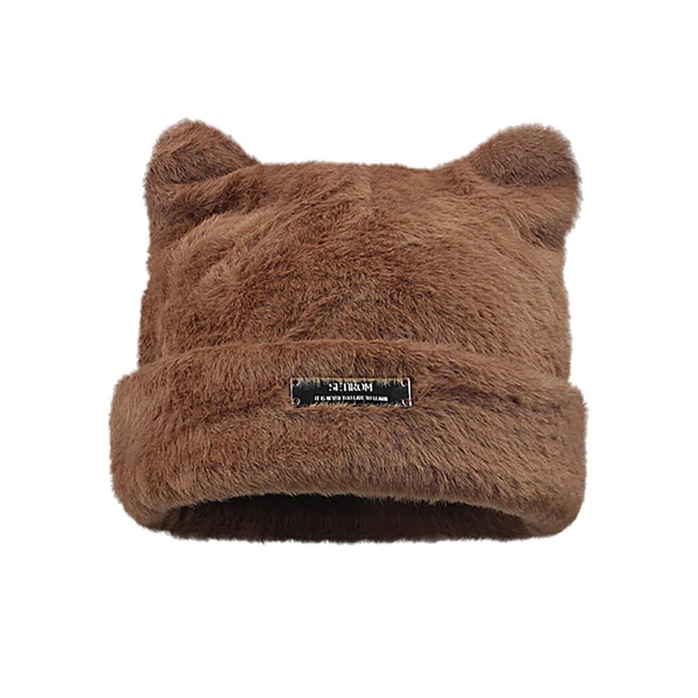 7737 Furry Beanie Fur Fuzzy Cat Warm Hat Plush Slouchy Beanies Brown